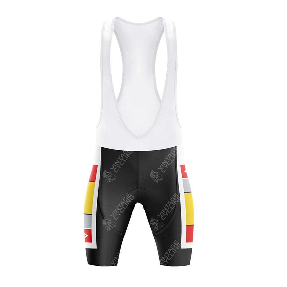 The La Vie Claire Retro Cycling Jersey Set includes bib shorts with a white upper and black shorts, featuring yellow, white, and red geometric patterns inspired by Mondrian. The design showcases a red rectangle with a white number 7, complementing the retro cycling jersey perfectly.