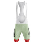 La Vie Claire Pink Retro Cycling Set: A chic combo with a white top and light green shorts featuring LEGNANO text. The Retro bib shorts have red leg bands and thin shoulder straps, ideal for those who appreciate comfort and classic style.