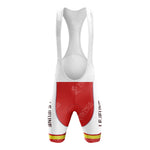 Front view of a red and white cycling bib shorts, with wide shoulder straps, part of the LEROUX Green Retro Short Sleeve Cycling Set. The shorts have LYNFIRE CYCLANE in white down the sides and a yellow hem stripe.