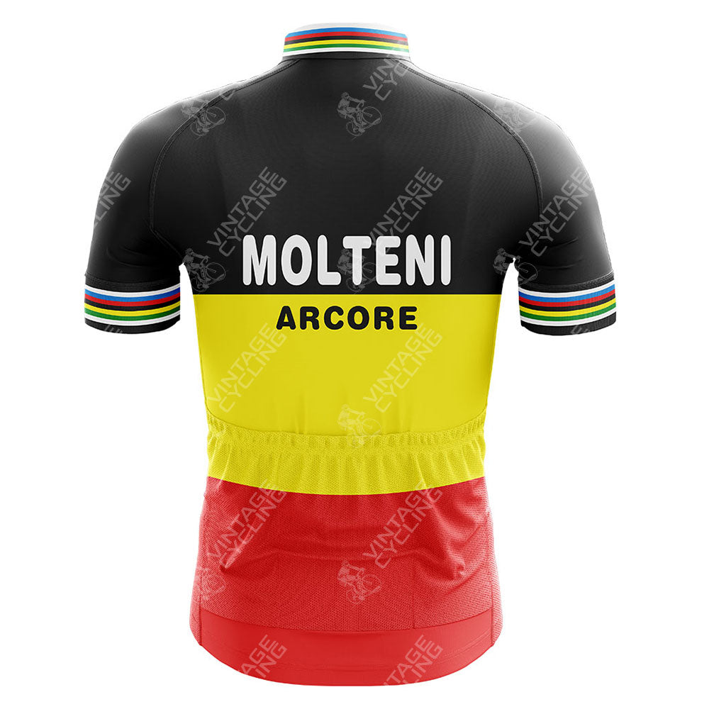 This PEUGEOT V1 Retro Cycling Jersey features black, white, and checkered patterns, with bold PEUGEOT text on the back. Made from lightweight polyester, it includes a classic collar and sleeves for vintage cycling style.