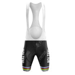 Pink retro short sleeve cycling set with ONCE design. Features black bib shorts with white straps, colorful stripes on the thighs, and a subtle VINTAGE CYCLING logo pattern. Part of the ONCE Pink Retro collection.