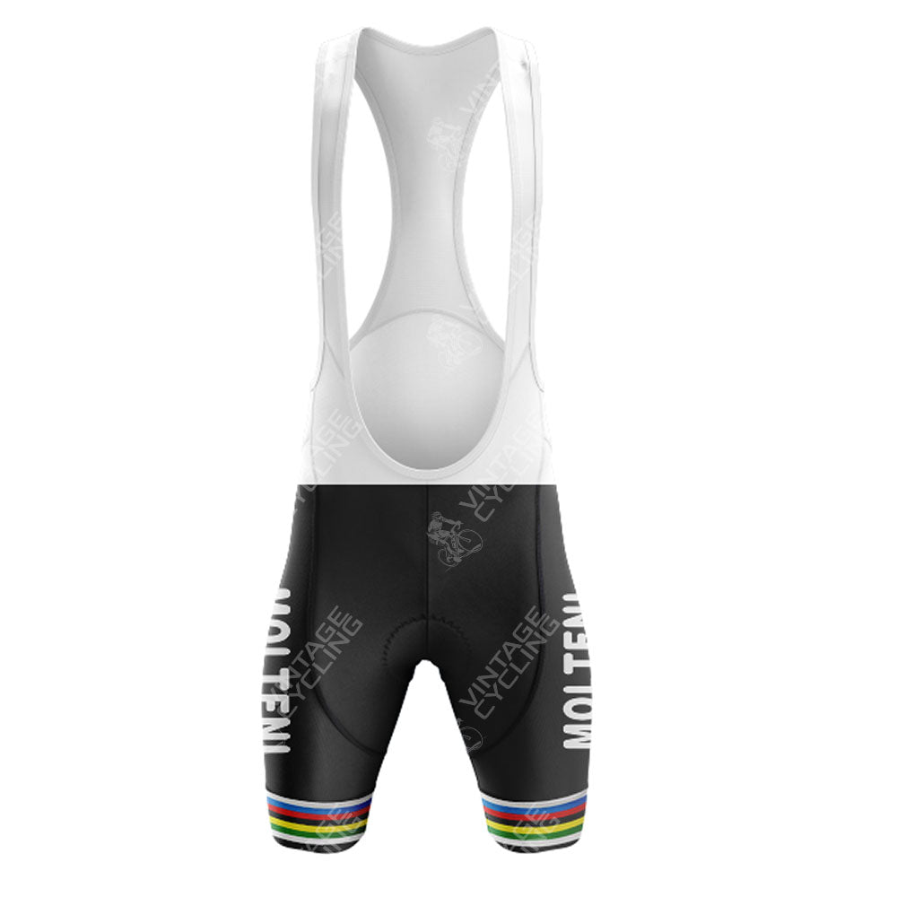 Pink retro short sleeve cycling set with ONCE design. Features black bib shorts with white straps, colorful stripes on the thighs, and a subtle VINTAGE CYCLING logo pattern. Part of the ONCE Pink Retro collection.