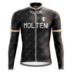 Front view of the MOLTENI Black Retro Long Sleeve Cycling Set with MOLTENI in white across the chest, an Italian flag emblem near the collar, and orange and white stripes on sleeves and collar for a stylish performance.
