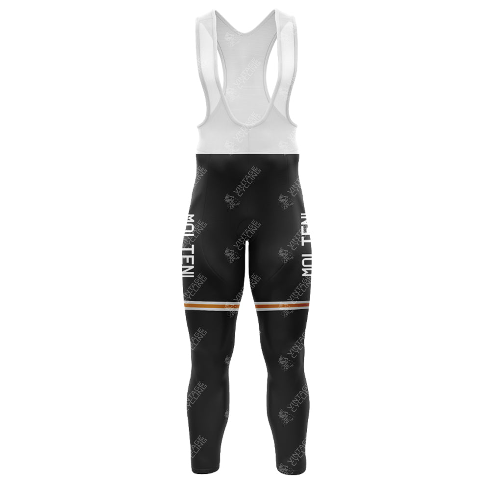 Complete your cycling set with the MOLTENI Black Retro Long Sleeve Cycling Set, featuring cycling bib shorts with a white upper, black legs, and intricate patterns and text on the sides.