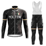 The MOLTENI Black Retro Long Sleeve Cycling Set, available with a cozy fleece option, features a jersey and bib pants with MOLTENI text, Italian flag emblem, shoulder straps, and subtle yellow and white trim for cooler rides.