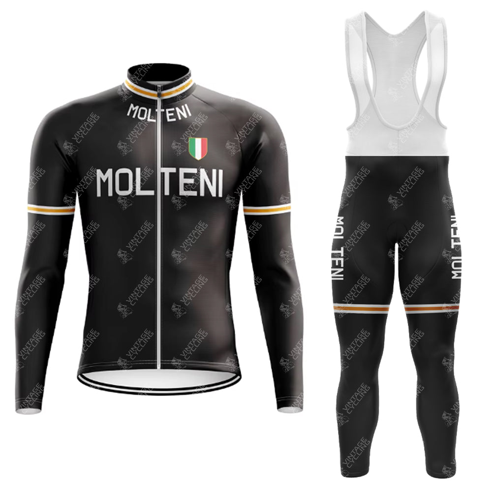 The MOLTENI Black Retro Long Sleeve Cycling Set, available with a cozy fleece option, features a jersey and bib pants with MOLTENI text, Italian flag emblem, shoulder straps, and subtle yellow and white trim for cooler rides.
