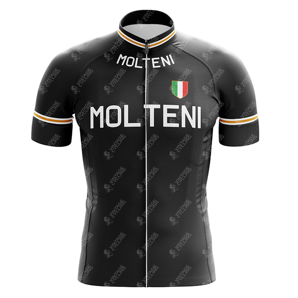 The MOLTENI Black Retro Short Sleeve Cycling Set features MOLTENI in white on the chest, a small Italian flag emblem, a full front zipper, and retro black, orange, and white striped sleeve trim.