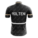 The MOLTENI Black Retro Short Sleeve Cycling Set includes a black jersey with MOLTENI on the upper back. The short sleeves and waist are accented with gold and white stripes against a plain white background.