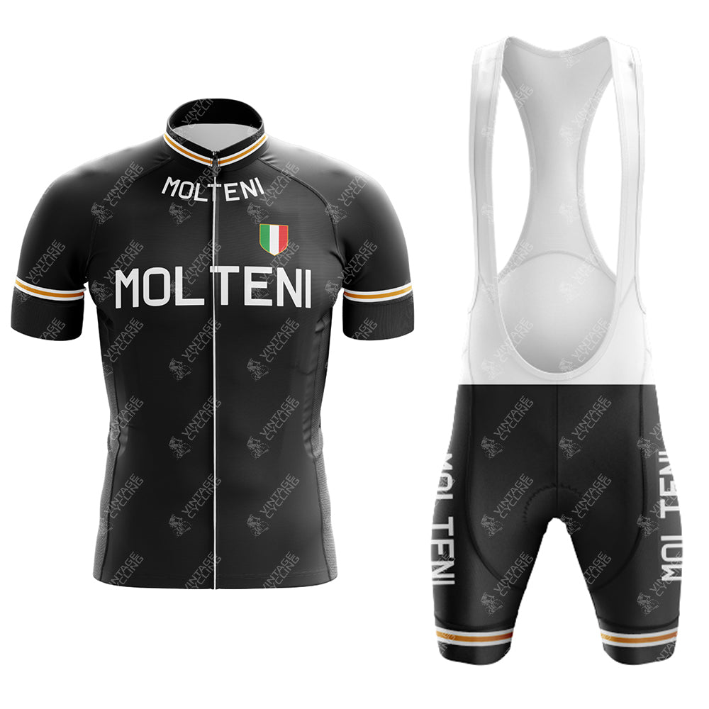 The MOLTENI Black Retro Short Sleeve Cycling Set includes a jersey and matching bib shorts, both featuring MOLTENI branding with an Italian flag. The set is accented with subtle white stripes for a classic, stylish look.