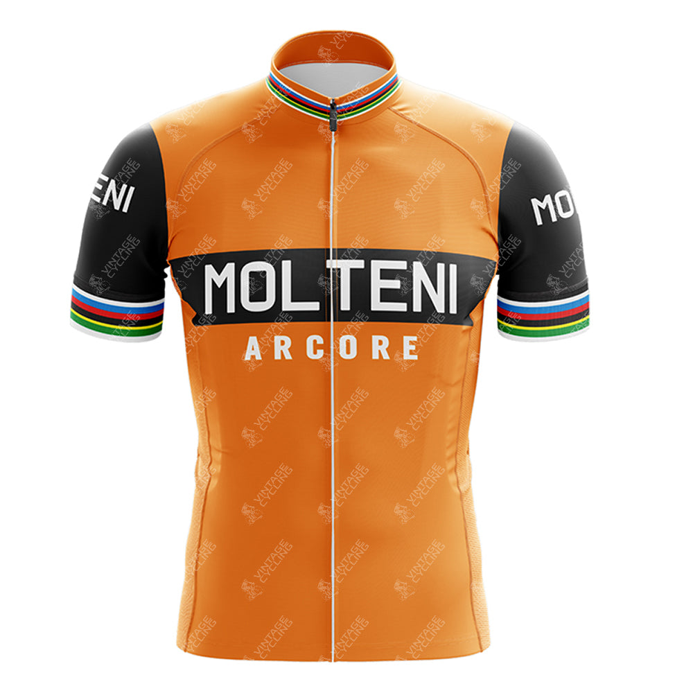 The MOLTENI Retro Short Sleeve Cycling Set features an orange cycling jersey with black sleeves and rainbow accents on the cuffs and collar. MOLTENI is printed across the chest with ARCORE in white below, creating a vintage look.
