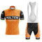 The MOLTENI Retro Short Sleeve Cycling Set showcases a vibrant orange design with MOLTENI ARCORE in white on a black background. The jersey and shorts feature rainbow-striped cuffs and hems, blending classic style with modern performance.