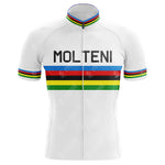 The Classic Molteni Retro Cycling Jersey, reminiscent of Eddy Merckxs style, is made from lightweight polyester and features MOLTENI on the chest. It showcases blue, red, black, yellow, and green rainbow stripes on the chest and sleeves, with a matching collar and cuffs.