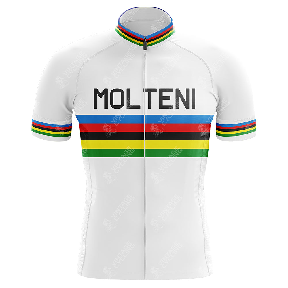 The Classic Molteni Retro Cycling Jersey, reminiscent of Eddy Merckxs style, is made from lightweight polyester and features MOLTENI on the chest. It showcases blue, red, black, yellow, and green rainbow stripes on the chest and sleeves, with a matching collar and cuffs.