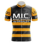The MOLTENI ARCORE Retro Short Sleeve Cycling Set features classic black and yellow stripes, M.I.C. MONEYMAKERS de GRIBALDY on the chest, and LUDO on the sleeves—a timeless addition to any cycling kit.