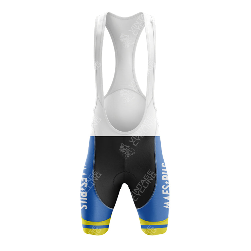 Designed with a retro style, the Mars Flandria Retro Short Sleeve Cycling Set includes cycling bib shorts featuring a white upper, blue lower half, yellow bands on the leg hems, and white side text—ideal for pairing with any classic Maes-Pils kit.