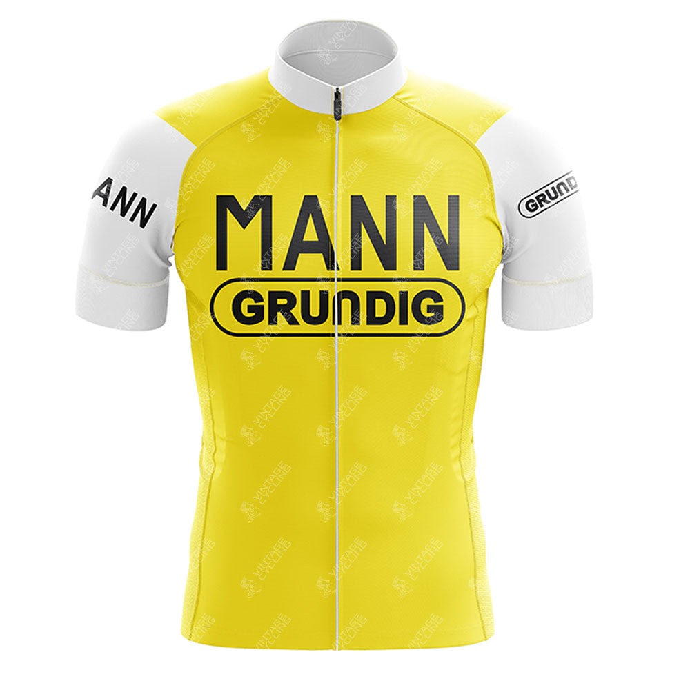 The Sem-France Loire Retro Short Sleeve Cycling Set features a yellow and white design with short sleeves, front zipper, and bold black "MANN" and "GRUNDIG" text on the chest and sleeves.
