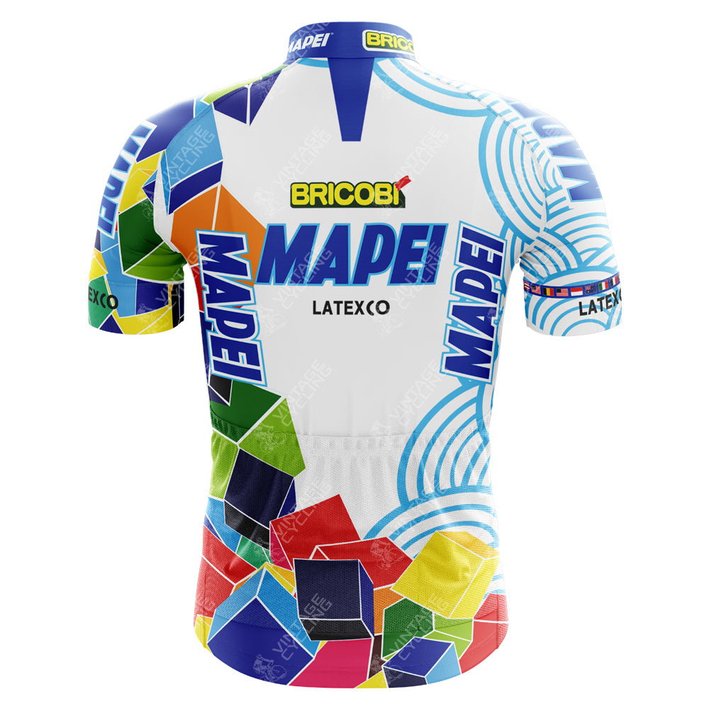 Introducing the Mapei Bricobi Retro Cycling Jersey, a lightweight polyester jersey inspired by Italys iconic cycling team. It features bold blue, red, and yellow geometric designs with MAPEI, BRICOBI, and LATEXCO on a vibrant white background.