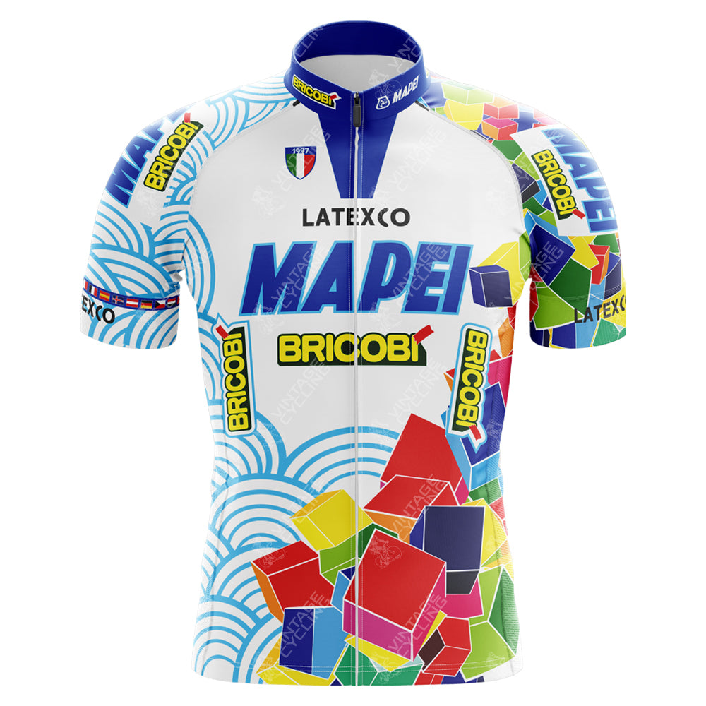 The Mapei Bricobi Retro Cycling Jersey is a lightweight, high-performance polyester piece featuring iconic logos and the Italian flag on the collar, with vibrant geometric shapes and blue wavy lines on a white backdrop, reminiscent of the legendary Italian cycling team.
