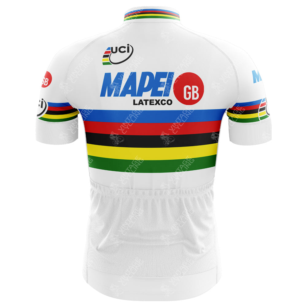 Back view of the Mapei-GB Retro Cycling Jersey in high-performance polyester with colorful horizontal stripes on chest and sleeves, featuring UCI, Mapei, Latexco, and GB logos. It includes elastic bottom pockets and a full-length front zipper for easy wear.