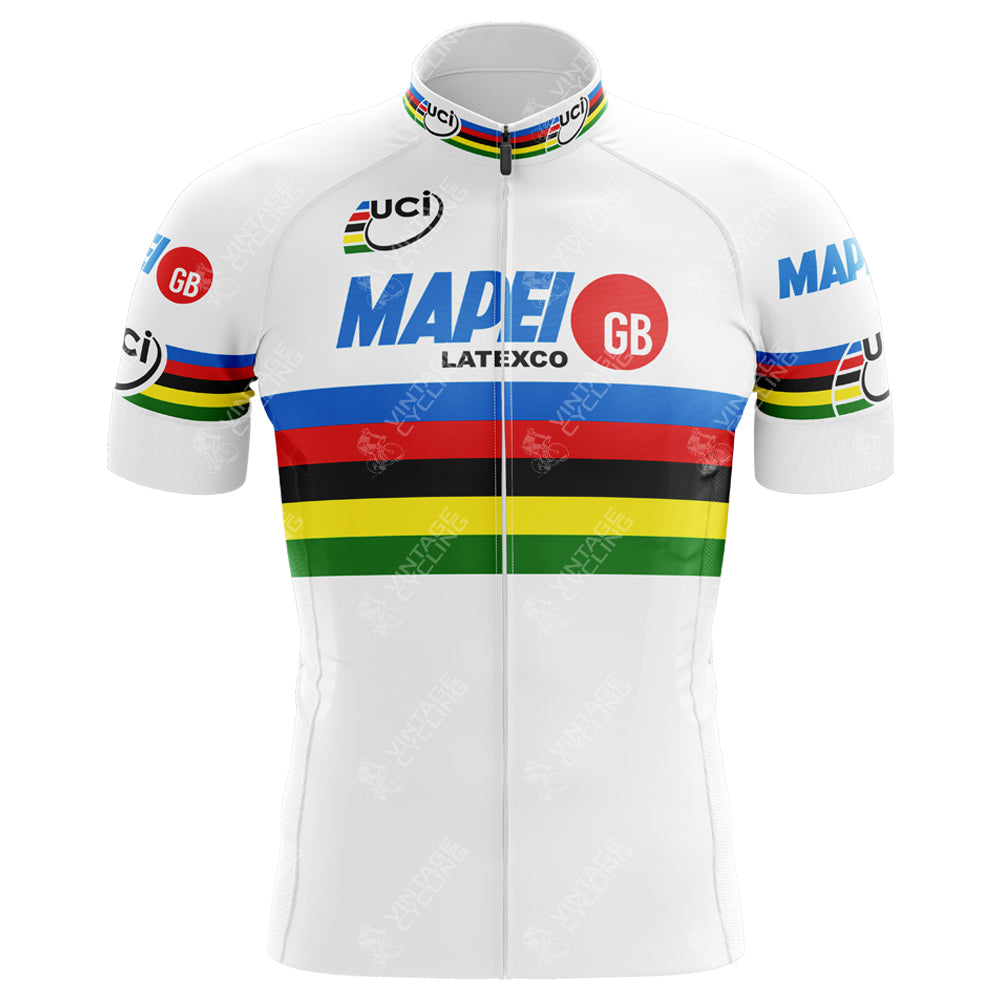 The Mapei-GB Retro Cycling Jersey is a lightweight, high-performance polyester jersey featuring UCI and Mapei GB logos, with blue, red, black, yellow, and green horizontal chest stripes. It includes a full-length front zipper for easy wear.