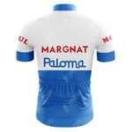M.I.C. Moneymakers de Gribaldy Retro Short Sleeve Cycling Set with a white upper, blue lower half, vintage branding on the back, and red text on the sleeves—a classic choice for cycling enthusiasts.