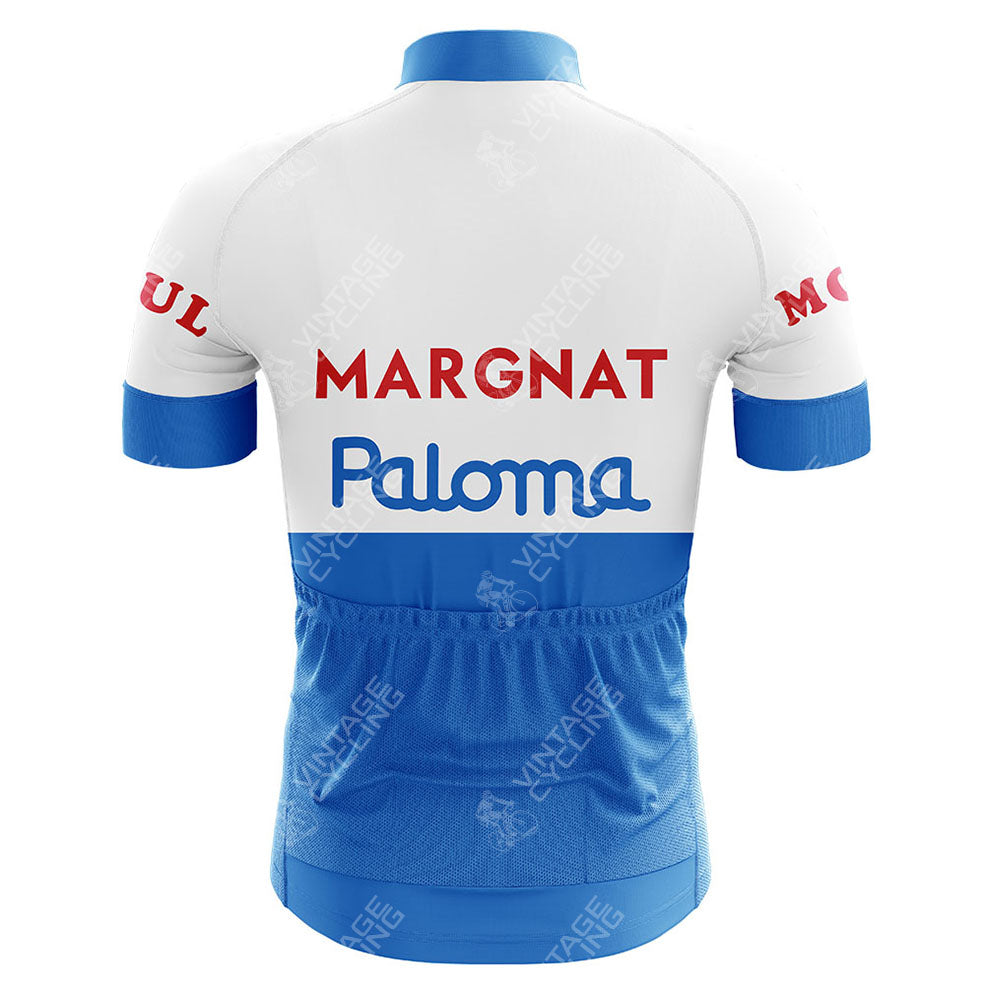 M.I.C. Moneymakers de Gribaldy Retro Short Sleeve Cycling Set with a white upper, blue lower half, vintage branding on the back, and red text on the sleeves—a classic choice for cycling enthusiasts.