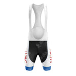 The M.I.C. Moneymakers de Gribaldy Retro Short Sleeve Cycling Set features white bib shorts with black padding, blue leg cuffs, and red MARGNAT on the sides for a classic vintage cycling look.