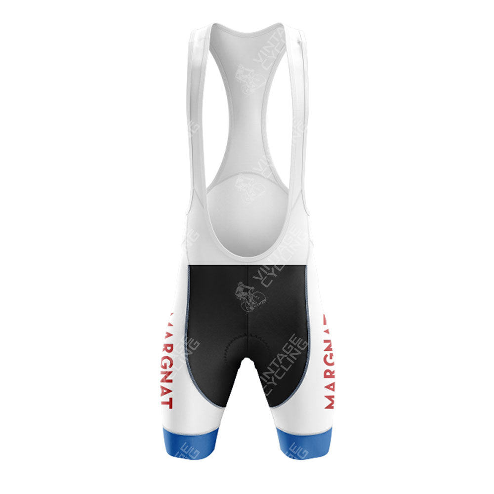 The M.I.C. Moneymakers de Gribaldy Retro Short Sleeve Cycling Set features white bib shorts with black padding, blue leg cuffs, and red MARGNAT on the sides for a classic vintage cycling look.