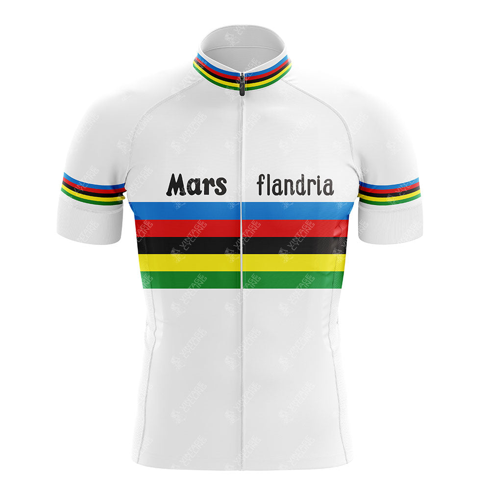 The MOLTENI Yellow Retro Cycling Jersey features a white base with rainbow stripes, "Mars" on the left, "flandria" on the right, full front zipper, high collar, and is made from lightweight polyester for comfort.