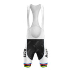 White cycling bib shorts with a black front panel, "Mars" on each thigh, and rainbow stripes at the leg cuffs—perfect to pair with the MOLTENI Yellow Retro Short Sleeve Cycling Set.