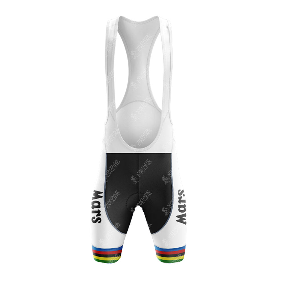 White cycling bib shorts with a black front panel, "Mars" on each thigh, and rainbow stripes at the leg cuffs—perfect to pair with the MOLTENI Yellow Retro Short Sleeve Cycling Set.