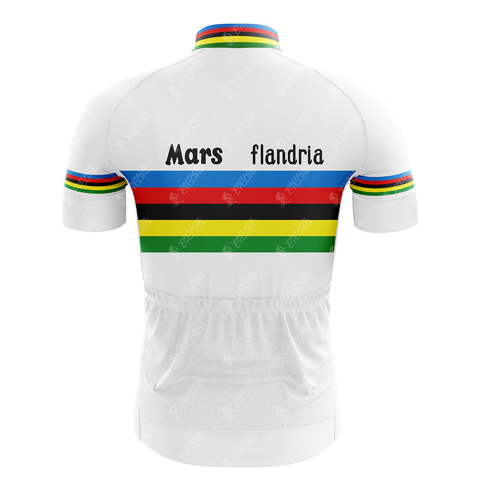 The MOLTENI Yellow Retro Cycling Jersey features classic retro style with iconic detailing and black "Mars flandria" text on the back. Made from lightweight polyester for comfort on every ride.