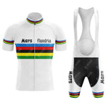 The MOLTENI Yellow Retro Short Sleeve Cycling Set includes a customizable white jersey and bib shorts with rainbow stripes. The jersey displays Mars and flandria on the front, while Mars is also on the left thigh of the bib shorts.