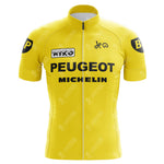 The Miko Peugeot BP Retro Cycling Jersey features a vibrant yellow design with iconic logos like Miko, Peugeot, BP, and Michelin. It has stylized sleeve details and a full front zipper, reflecting classic cycling sponsorship history.