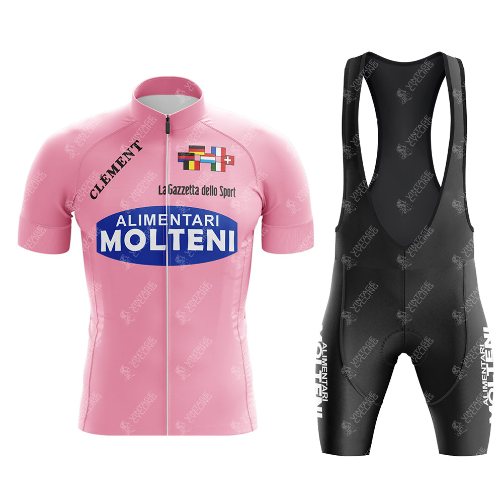 The Molteni Alimentari Retro Cycling Jersey Set includes a pink short-sleeve jersey with ALIMENTARI MOLTENI, flags, and La Gazzetta dello Sport, paired with black bib shorts featuring a gel seat pad and silicone waist strip for comfort.