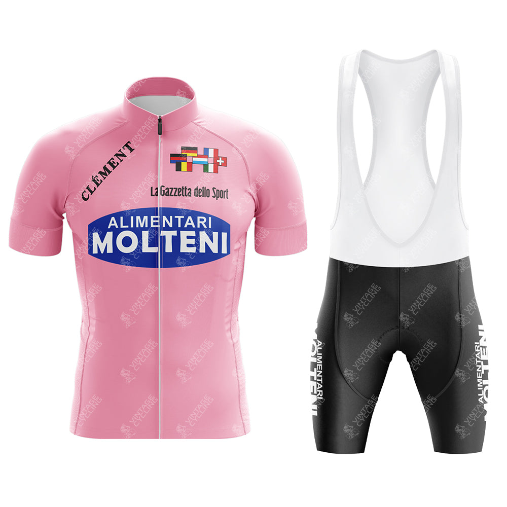 The Molteni Alimentari Retro Cycling Jersey Set includes a pink jersey with La Gazzetta dello Sport and Clément logos, paired with black and white bib shorts featuring vertical Molteni text and a silicone waist strip for added comfort.