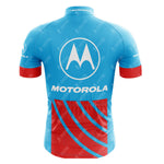 A blue and red I’MACYCLING Grandpa Short Sleeve Cycling Set jersey shown from the back, with a large white logo and "MOTOROLA" below it. The short sleeves and geometric red pattern near the bottom add a stylish touch.