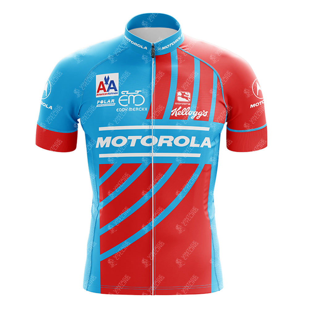The I'MACYCLING Grandpa Short Sleeve Cycling Set features a red and blue geometric pattern with Motorola, Kellogg's, and other sponsor logos on the front and sleeves, plus a front zipper and stand-up collar for a classic retro look.
