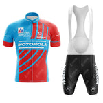 The I'MACYCLING Grandpa Short Sleeve Cycling Set includes a stylish red and blue short-sleeve jersey with Motorola and Kelloggs logos, plus black bib shorts with white Motorola branding and a white upper strap section.
