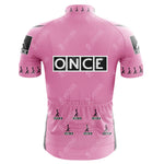 The ONCE Yellow Retro Short Sleeve Cycling Set features black and white ONCE logos with stick figure icons on the back, sleeves, and pockets, plus a high collar for classic style.