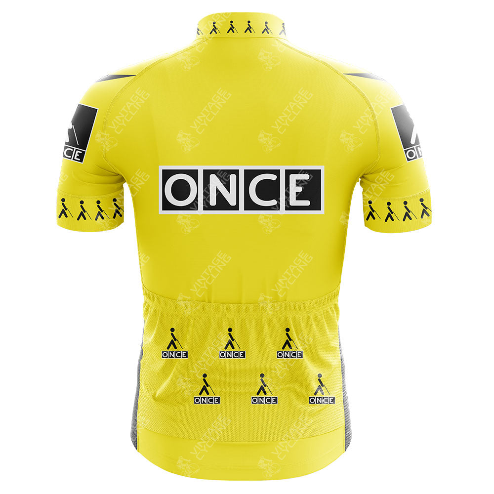 A vibrant ONCE Pink Retro Cycling Jersey featuring multiple black ONCE logos and small stick-figure icons on the back, shoulders, and pockets, with the main ONCE logo prominently across the upper back in classic retro style.