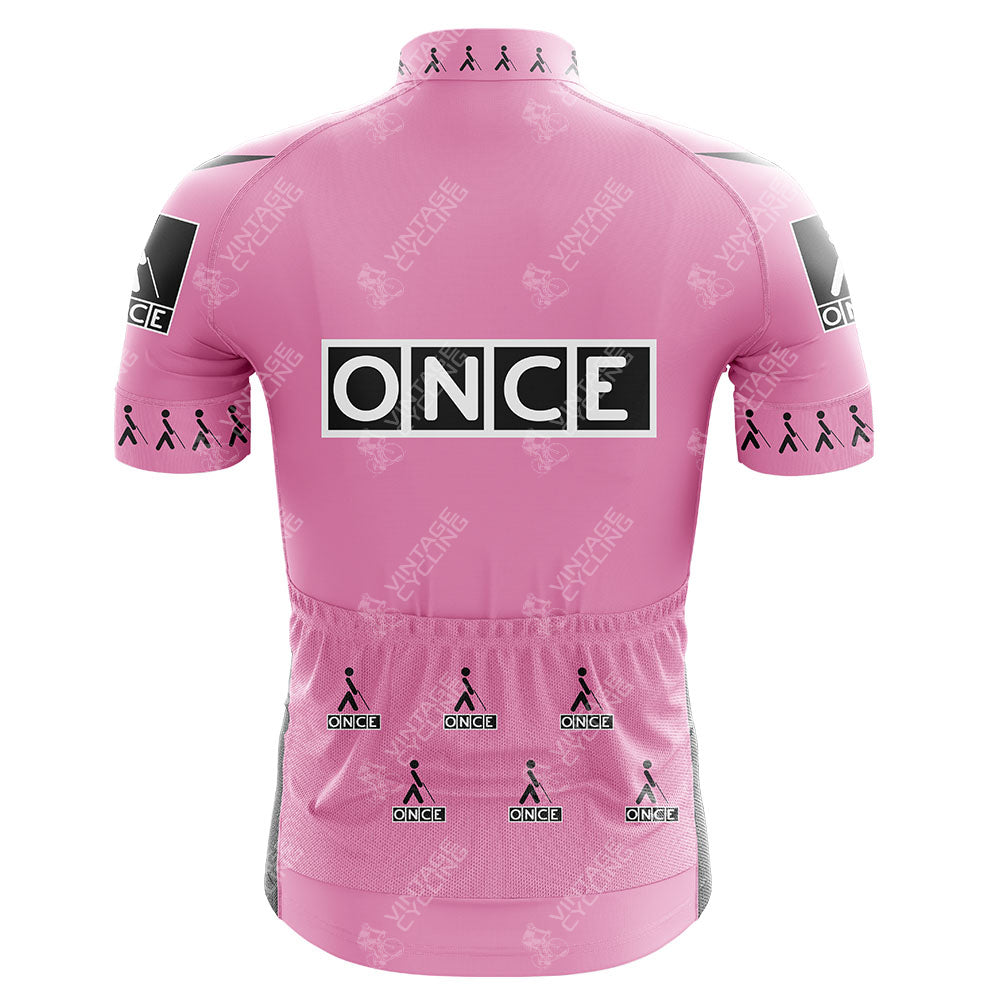 The ONCE Yellow Retro Short Sleeve Cycling Set features black and white ONCE logos with stick figure icons on the back, sleeves, and pockets, plus a high collar for classic style.