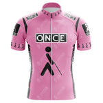 The ONCE Yellow Retro Short Sleeve Cycling Set features black and white graphics of a person with a cane, bold ONCE lettering, and walking figures in a pattern along the sleeves and sides.