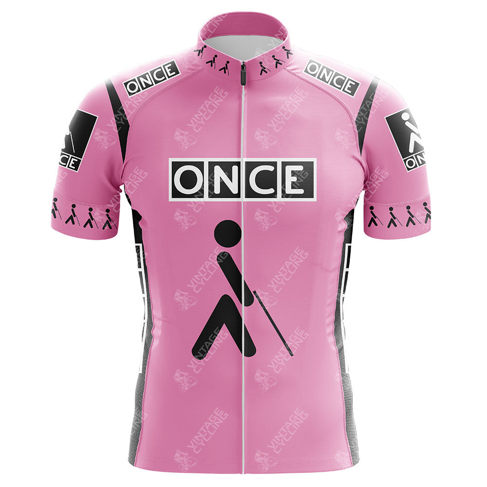 The ONCE Yellow Retro Short Sleeve Cycling Set features black and white graphics of a person with a cane, bold ONCE lettering, and walking figures in a pattern along the sleeves and sides.