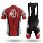 A red, black, and gray Packers Short Sleeve Cycling Set featuring bold team text, a large logo, and mascot on the jersey’s back, with matching black-and-red bib shorts shown from the rear—a standout retro cycling look.