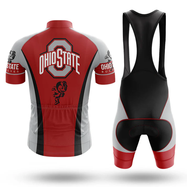 A red, black, and gray Packers Short Sleeve Cycling Set featuring bold team text, a large logo, and mascot on the jersey’s back, with matching black-and-red bib shorts shown from the rear—a standout retro cycling look.
