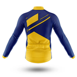 The Bisons Long Sleeve Cycling Jersey shown from the back, featuring a bold blue and yellow geometric design, high collar, and fitted shape.