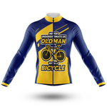 The Bisons Long Sleeve Cycling Jersey is a blue and yellow retro jersey with "Never underestimate an old man with a bicycle" and a bold bicycle graphic on the front.