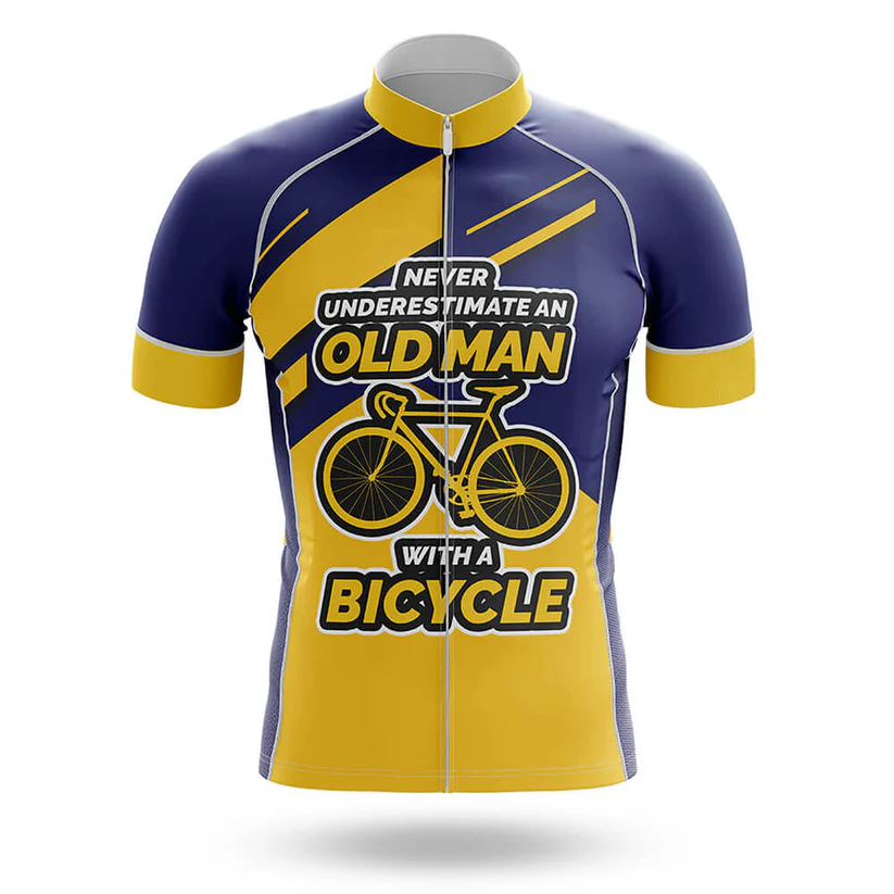 The Bisons Short Sleeve Cycling Set is a breathable blue and yellow cycling outfit featuring “Never underestimate an old man with a bicycle” and a bicycle graphic on the front.