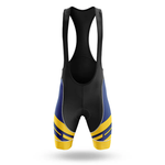 The Bisons Short Sleeve Cycling Set features bib shorts with a black upper section and blue and yellow geometric patterns on the lower half, shown against a plain white background.